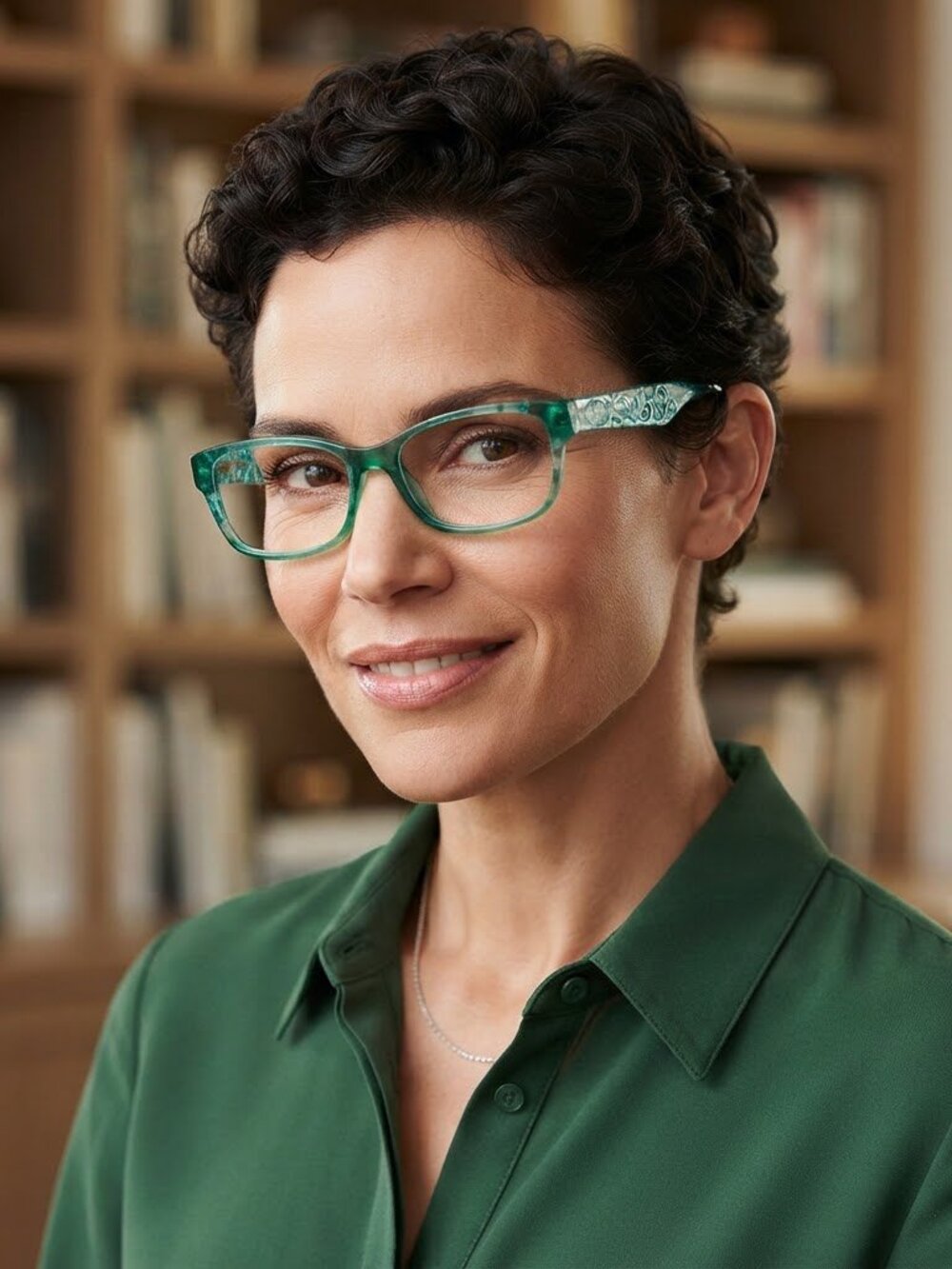 Green Rectangular‎ Eyeglasses with Teal Swirl Patterned Filigree Temples